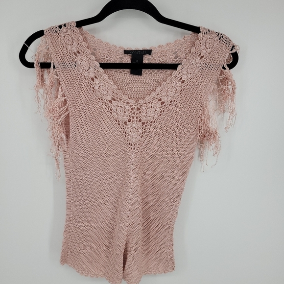 The Limited Womens Vtg y2k Hand Knit Beaded Fringe Crochet V Neck Pink Top SzS🖤 - Picture 2 of 15